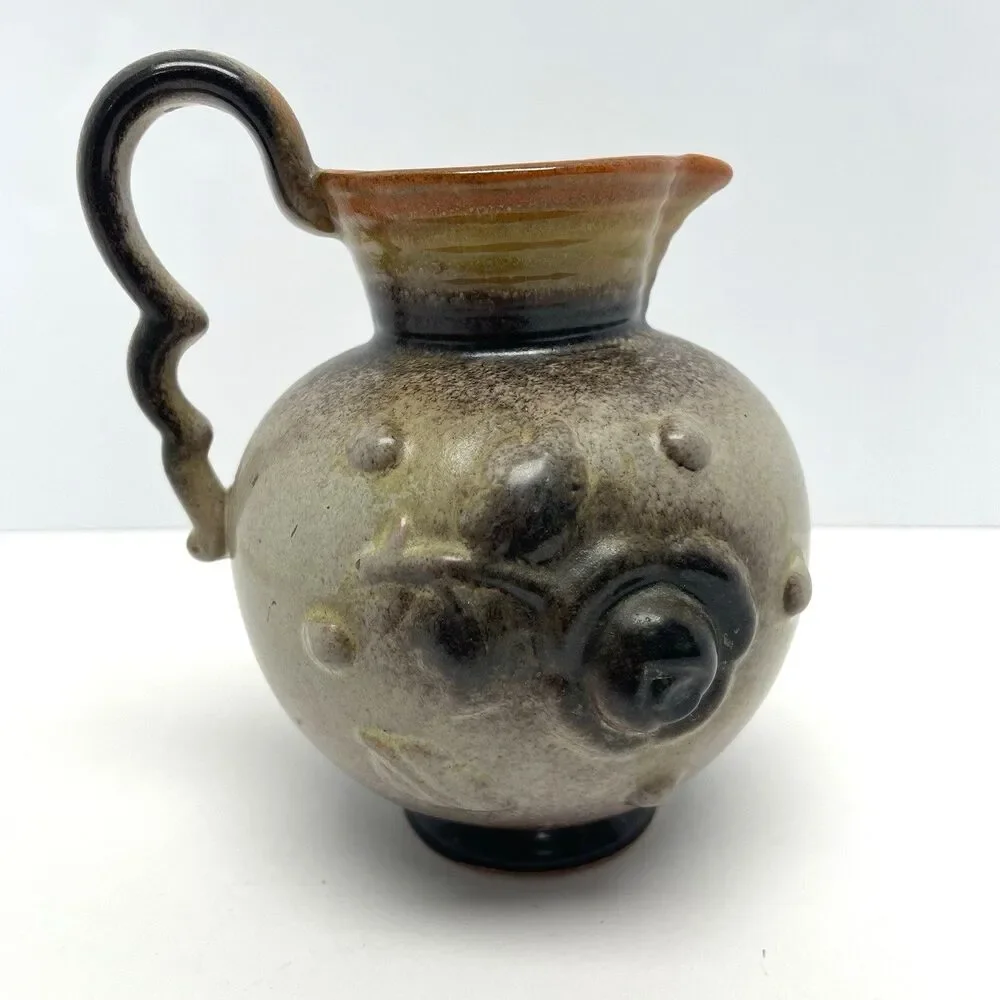 Ceramic Pitcher Brown Orange Flower Handle Decorative Made In Germany Small
